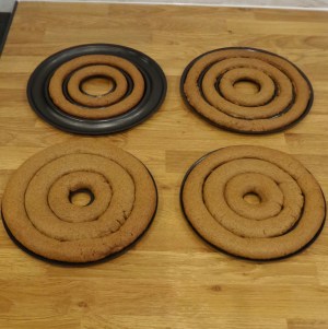 Kransekake pans hot from the oven